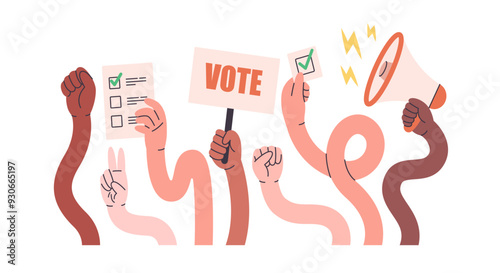 Comic flexible hands. Colored human arms holding vote ballots and megaphone, participate in voting. Voting and elections concept. Vector illustration in flat style