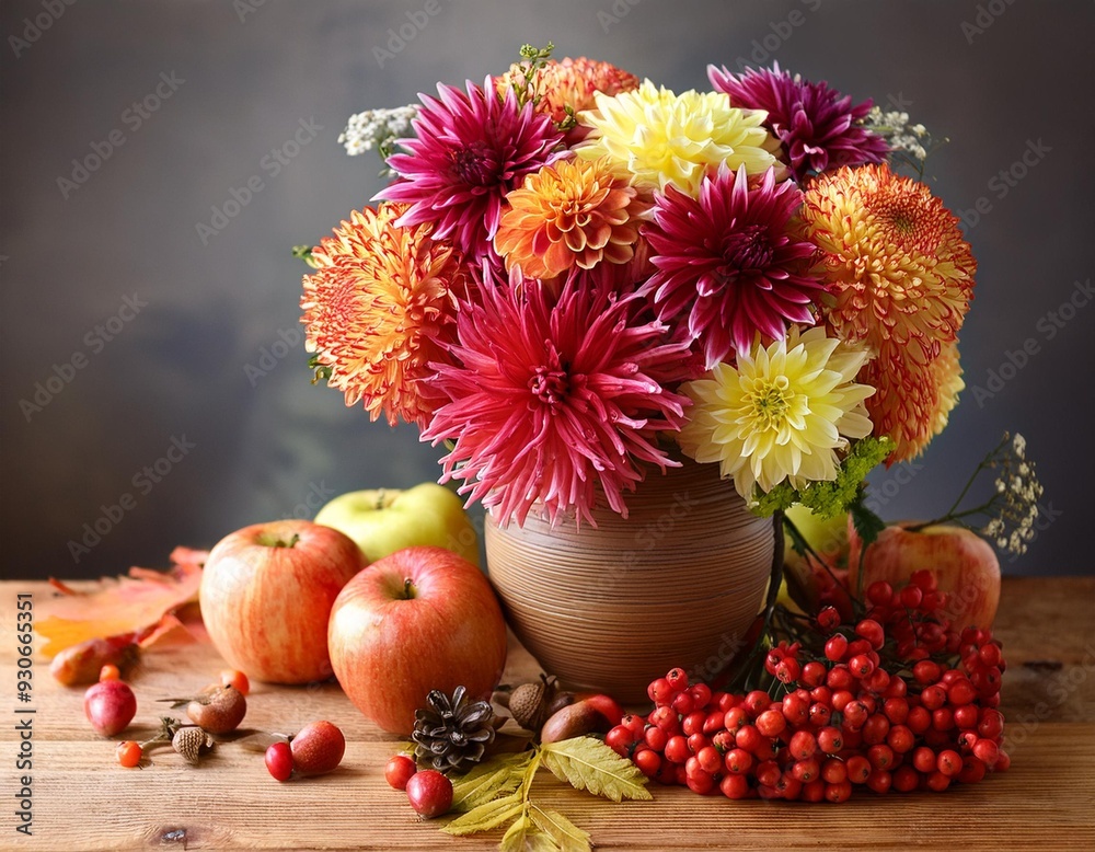 Obraz premium Autumn still life with garden flowers. Beautiful autumnal bouquet in vase, apples and berries on wooden table. Colorful dahlia and chrysanthemum.