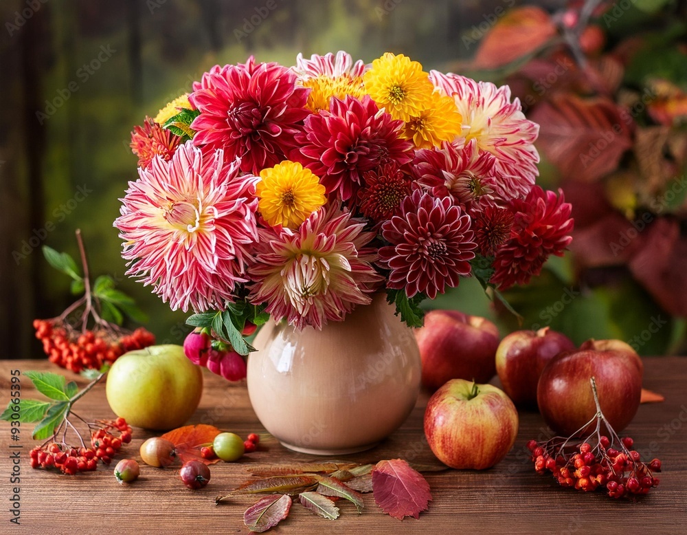 Obraz premium Autumn still life with garden flowers. Beautiful autumnal bouquet in vase, apples and berries on wooden table. Colorful dahlia and chrysanthemum.
