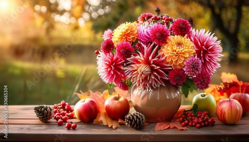 Wallpaper Mural Autumn still life with garden flowers. Beautiful autumnal bouquet in vase, apples and berries on wooden table. Colorful dahlia and chrysanthemum. Torontodigital.ca