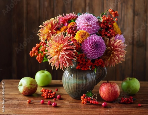 Wallpaper Mural Autumn still life with garden flowers. Beautiful autumnal bouquet in vase, apples and berries on wooden table. Colorful dahlia and chrysanthemum. Torontodigital.ca