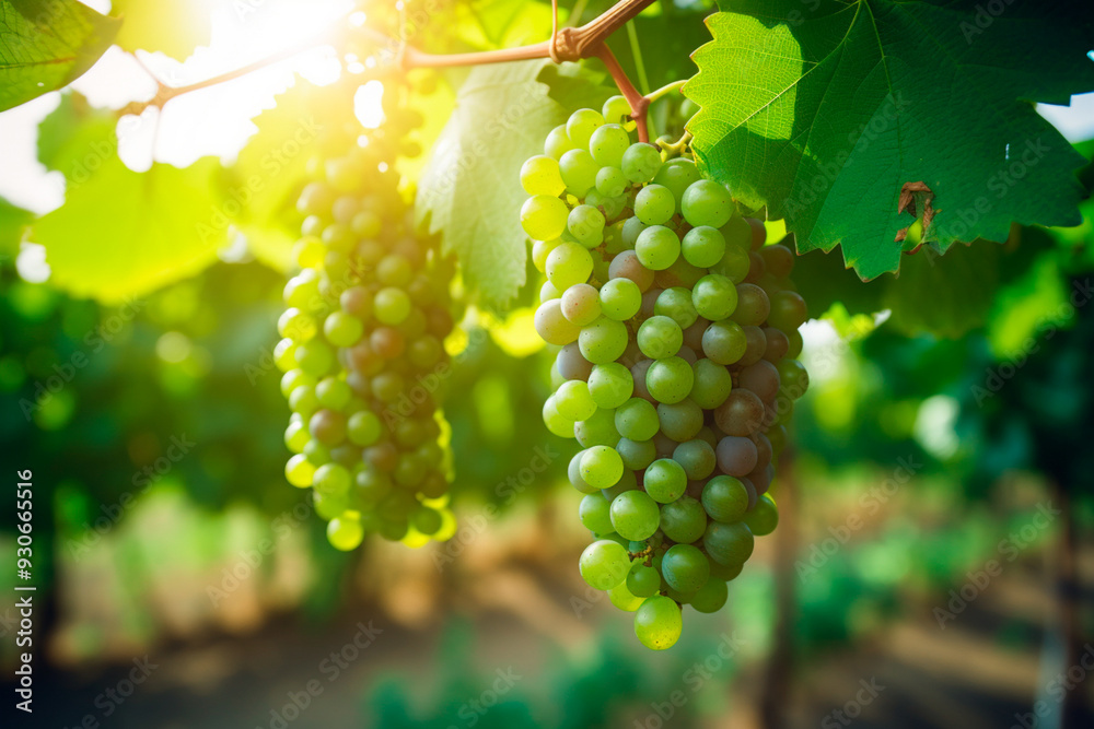 Gorgeous green grape curls on a vine amidst a vineyard setting. Gorgeous green grape curls on a vine amidst a vineyard setting.
