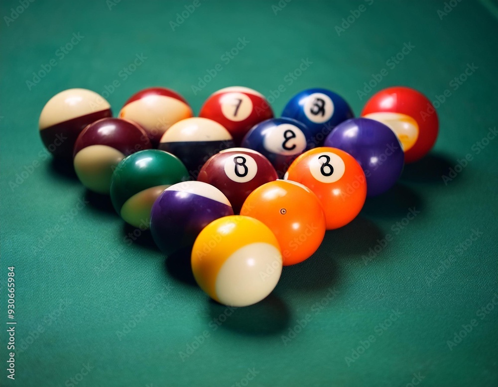 Close-up of colorful billiard balls arranged in triangle on green pool table for game setup Close-up of colorful billiard balls arranged in triangle on green pool table for game setup