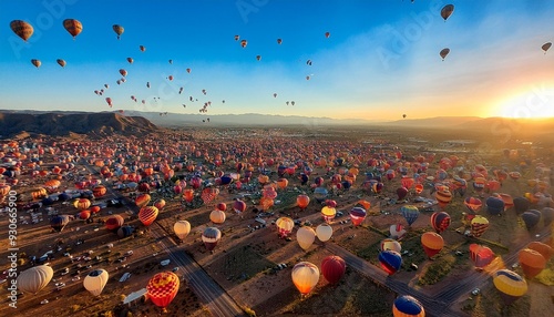 Albuquerque International Balloon Fiesta, view from above with hundreds of hot air balloons photo