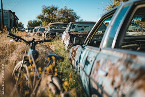 Cyclist Riding Past Abandoned Cars in Urban Decay Setting. photo