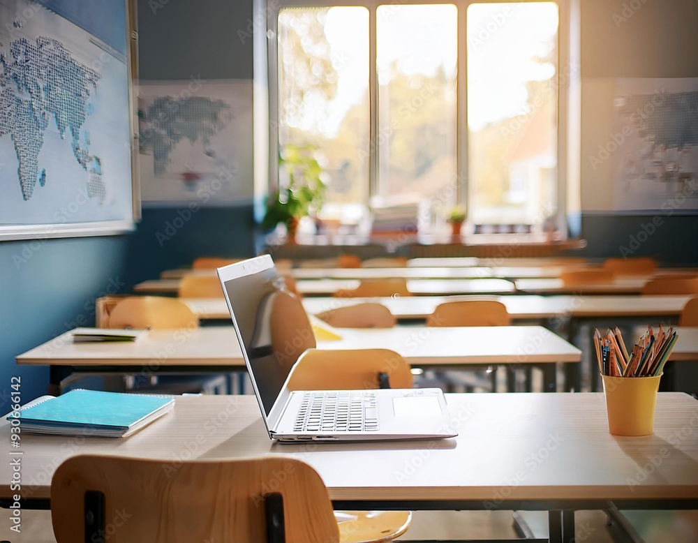 Background shot of empty primary school classroom with working desk, open laptops Background shot of empty primary school classroom with working desk, open laptops