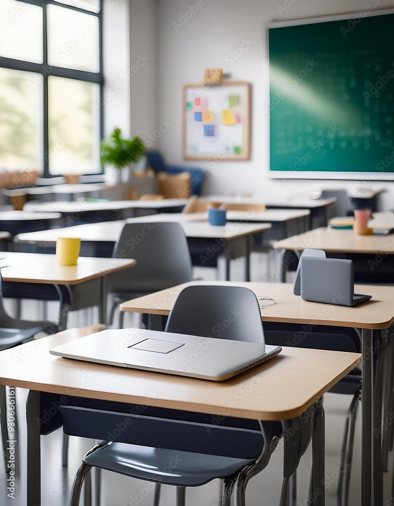 Fototapeta premium Background shot of empty primary school classroom with working desk, open laptops