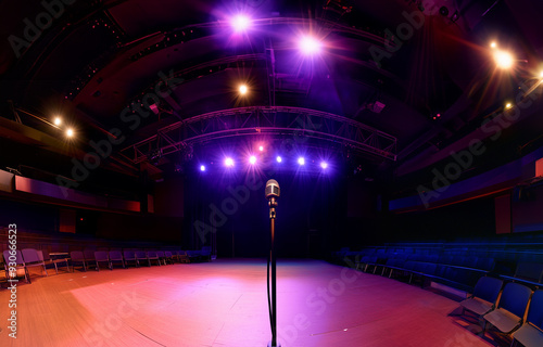 A microphone on stage in an empty auditorium or arena. A panoramic performer perspective view from the stage before a show or performance - musician, singer, comedian, speaker, sound check, rehearsal photo