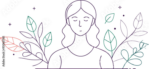 The concept of mental health. A young woman smiles and hugs her brain, symbolizing concern for mental health. Flat vector illustration