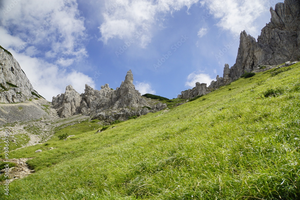 Obraz premium Der Grüne Hang unter den schroffen Felsen