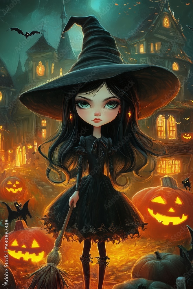 girl in witch costume celebrates Halloween. Halloween Celebration Greeting Card girl in witch costume celebrates Halloween. Halloween Celebration Greeting Card