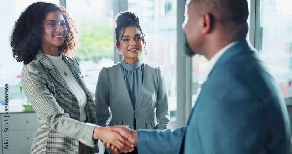Handshake, greeting and meeting for people in office, welcome or business partners in bank for loan. Finance, startup and women with man for negotiation, lender and assessment of application or funds
