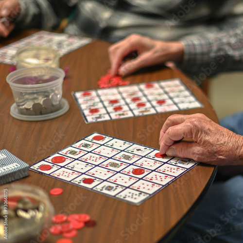 game games bingo senior seniors tabletop card, hand, table, people, person, hands, casino, table, betting, chips, gambling