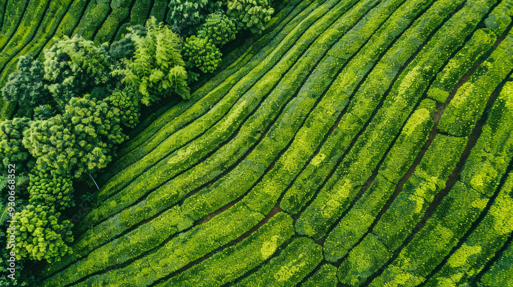 Fototapeta premium A lush green field with rows of trees and plants