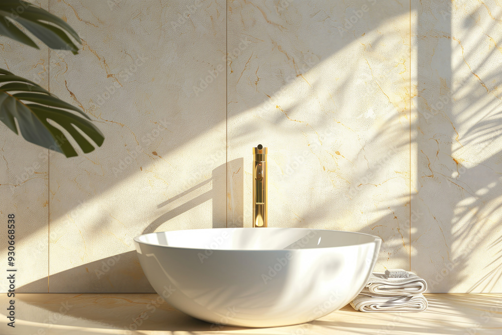 Fototapeta premium A white sink with a gold faucet sits in front of a wall with a plant