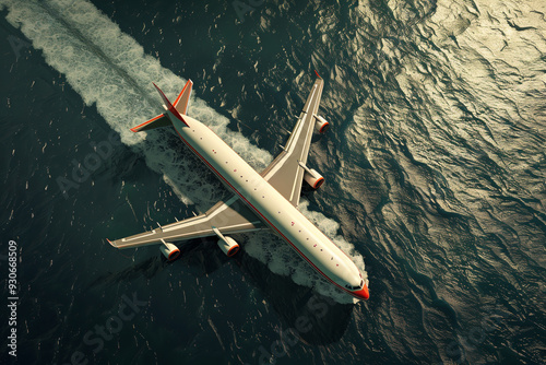 A white airplane is flying through the sky above the ocean