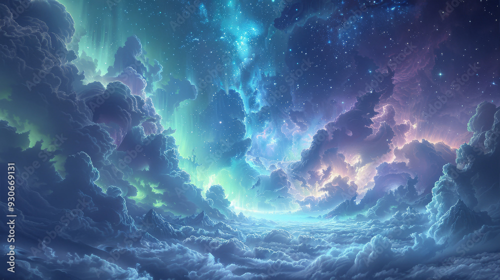 Sky with wispy clouds illuminated by the Aurora Borealis, featuring greens, blues, and purples Sky with wispy clouds illuminated by the Aurora Borealis, featuring greens, blues, and purples