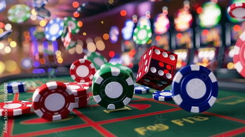 Dice, poker chips, and playing cards on a laptop keyboard depict online gambling and the thrill of online casinos.