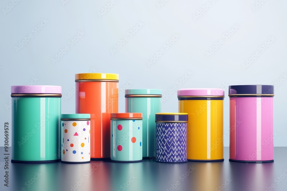A collection of colorful metal canisters with geometric patterns, symbolizing organization, style, kitchenware, design, and functionality.