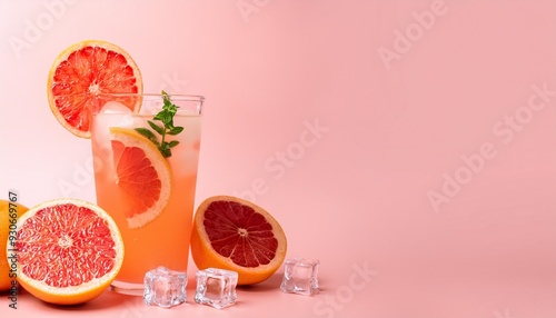 summer cold cocktail with ice cubes juice and slices grapefruit on pastel pink background photo