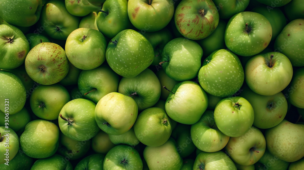 A bunch of green apples are piled on top of each other A bunch of green apples are piled on top of each other