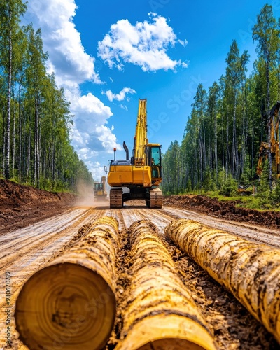 Panoramic view of forest clearing for urban development with heavy machinery in background