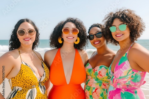 roup of friends of different body types enjoying a beach day, all wearing stylish swimwear, promoting body confidence and diversity photo