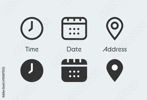 Time, date, address location symbol set. Clock, calendar, location, reminder, adress icons business sign