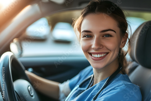 Cheerful Young Female Doctor Driving Home After a Day's Work in the Hospital