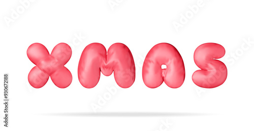 3D Christmas colorful text in red bright balloon xmas word. Render spruce, x mas text. Greeting card, festive poster, party invitations. New year. Vector illustration