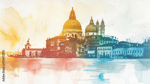 A painting of a city with a large dome on top of a building
