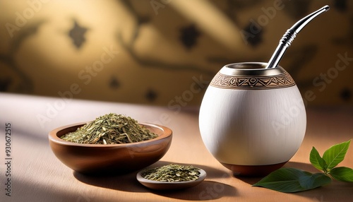  A still-life composition of a mate gourd, bombilla, and loose yerba mate leaves on a dark badground - argentinian drink photo