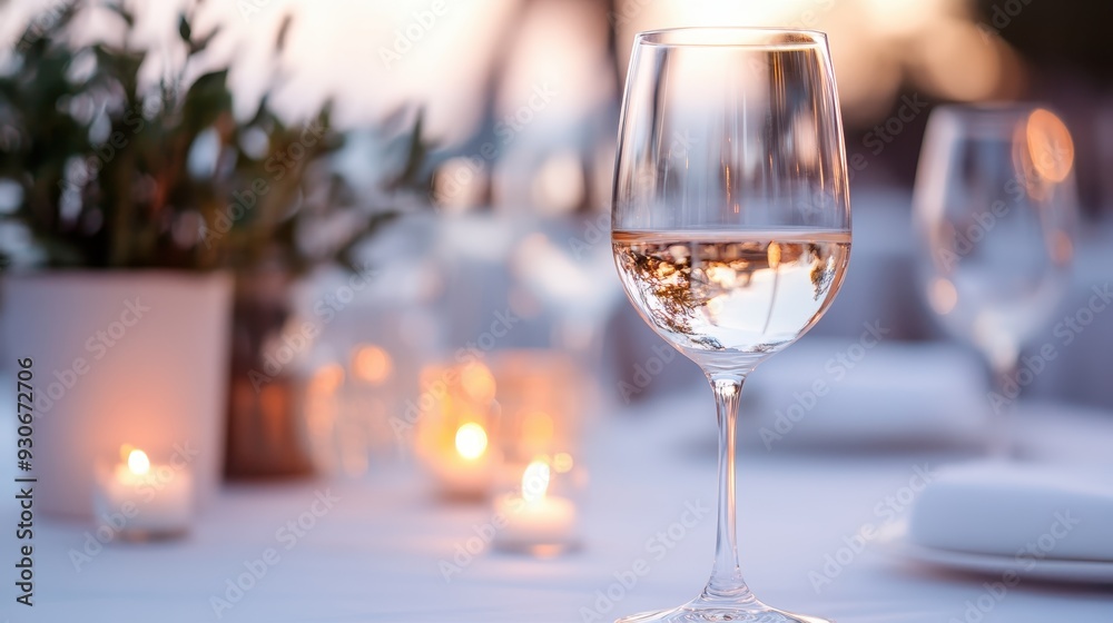 A wine glass filled with white wine resting on a neatly set table with flickering candles, potted plant, and an outdoor view creating a serene ambiance. A wine glass filled with white wine resting on a neatly set table with flickering candles, potted plant, and an outdoor view creating a serene ambiance.
