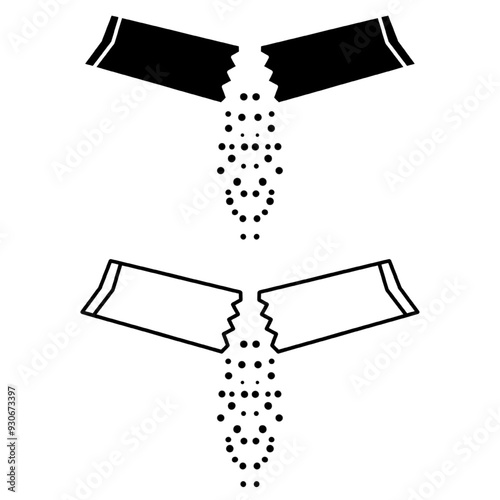 ripped packet sugar icon, open paper sachet with sugar crystals, soluble medication, thin line web symbol on white background, isolated flat line icon on white