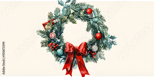 Vintage Christmas wreath with red bow and festive ornaments on a neutral background