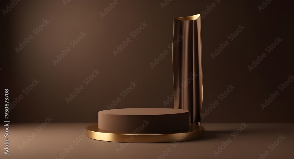 3D display podium brown background. Luxury flying cloth in motion. Glamour minimal gold pedestal for beauty, cosmetic product presentation. Feminine copy space, dark, brown template, studio 3d render 3D display podium brown background. Luxury flying cloth in motion. Glamour minimal gold pedestal for beauty, cosmetic product presentation. Feminine copy space, dark, brown template, studio 3d render