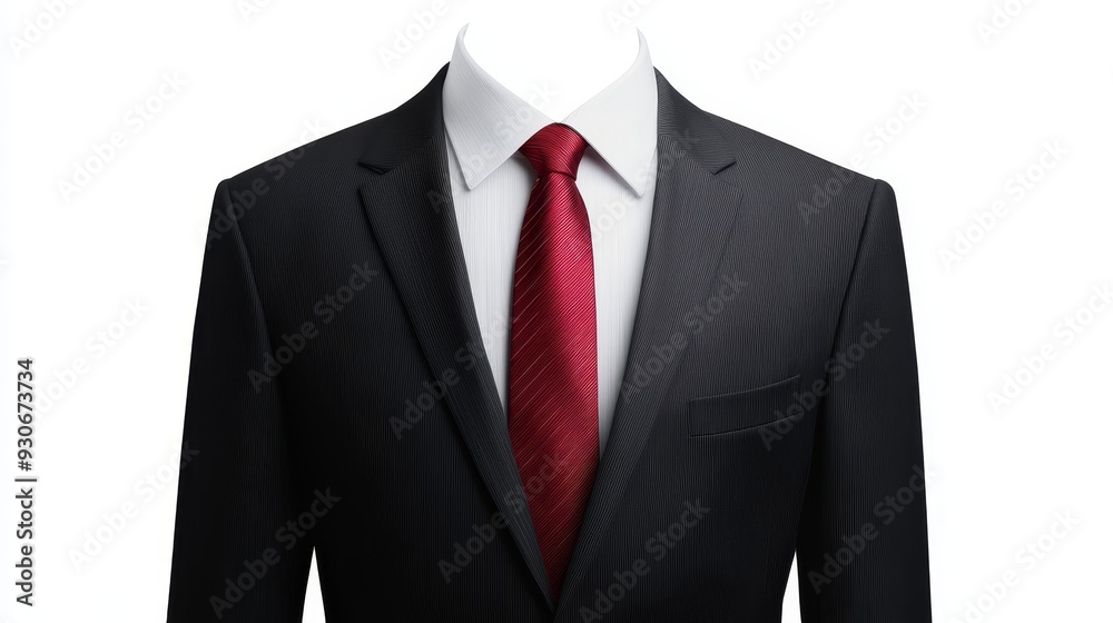 A sharp black suit jacket with a crisp white shirt and a bold red tie, symbolizing professionalism, success, and confidence. The clean white background highlights the suit, making it perfect for busin