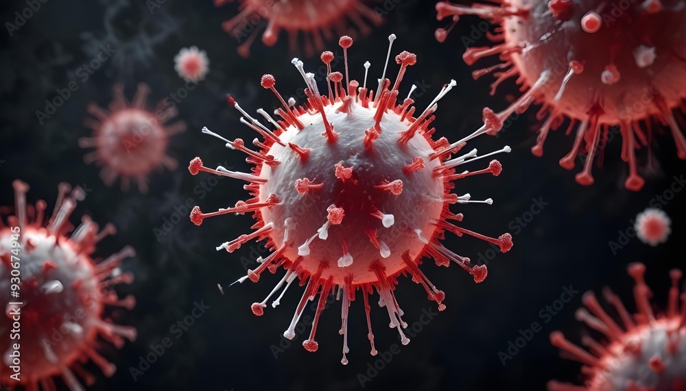 A close-up view of a red and white virus particle, with its distinctive spike proteins protruding outwards A close-up view of a red and white virus particle, with its distinctive spike proteins protruding outwards