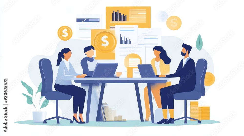 A team of professionals working together around a table with laptops and charts, symbolizing collaboration, financial planning, strategy, data analysis and growth. A team of professionals working together around a table with laptops and charts, symbolizing collaboration, financial planning, strategy, data analysis and growth.