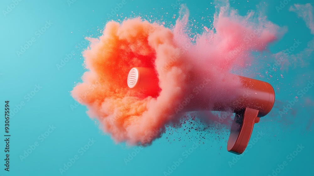 A vibrant image depicting an orange megaphone emitting a burst of orange and pink smoke on a bright blue background, symbolizing loud communication and enthusiasm.