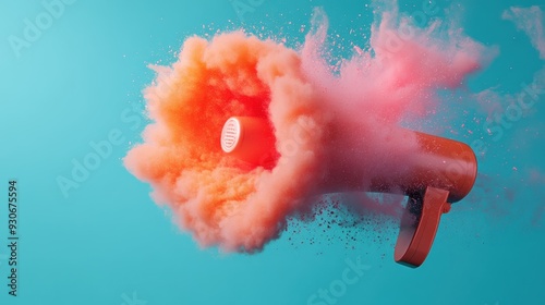 Obraz na płótnie A vibrant image depicting an orange megaphone emitting a burst of orange and pink smoke on a bright blue background, symbolizing loud communication and enthusiasm. w salonie