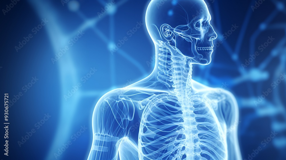 A digital illustration of a human skeleton highlighting anatomical structures. A digital illustration of a human skeleton highlighting anatomical structures.