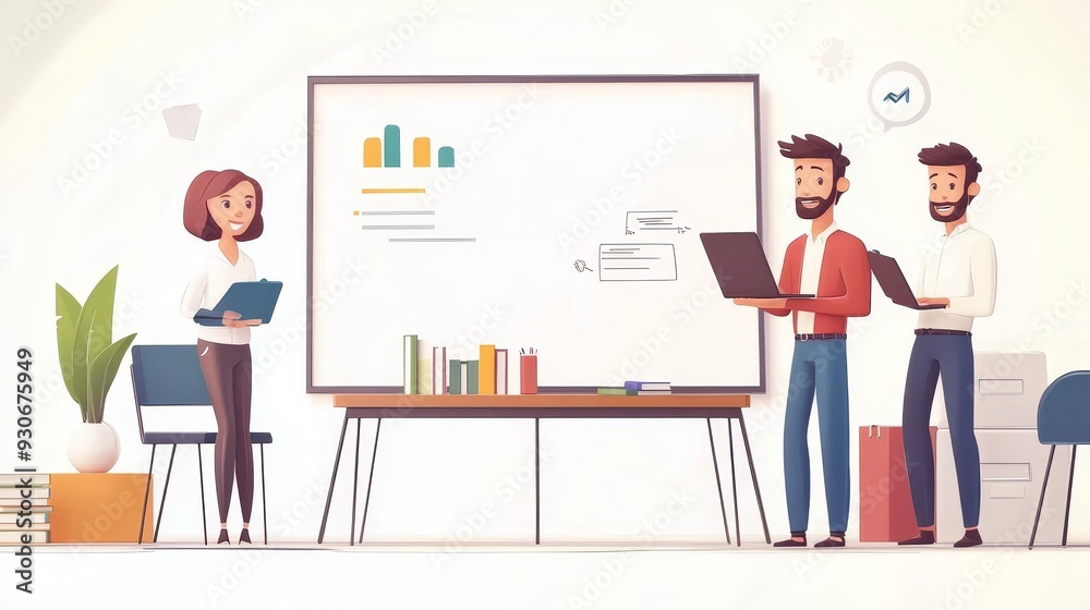 A woman presents data on a whiteboard to two men using laptops, symbolizing collaboration, teamwork, presentation, data analysis, and technology. A woman presents data on a whiteboard to two men using laptops, symbolizing collaboration, teamwork, presentation, data analysis, and technology.