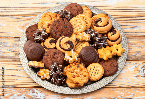 Mix of cookies . Many unhealthy snacks . Top view photo