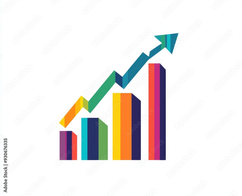 Colorful bar graph with upward arrow showing successful growth and rising statistics Colorful bar graph with upward arrow showing successful growth and rising statistics