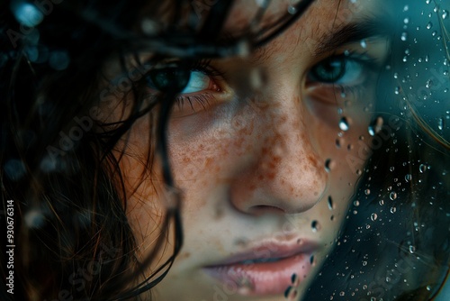 Close up of a young woman looks out from behind a glass filled with water