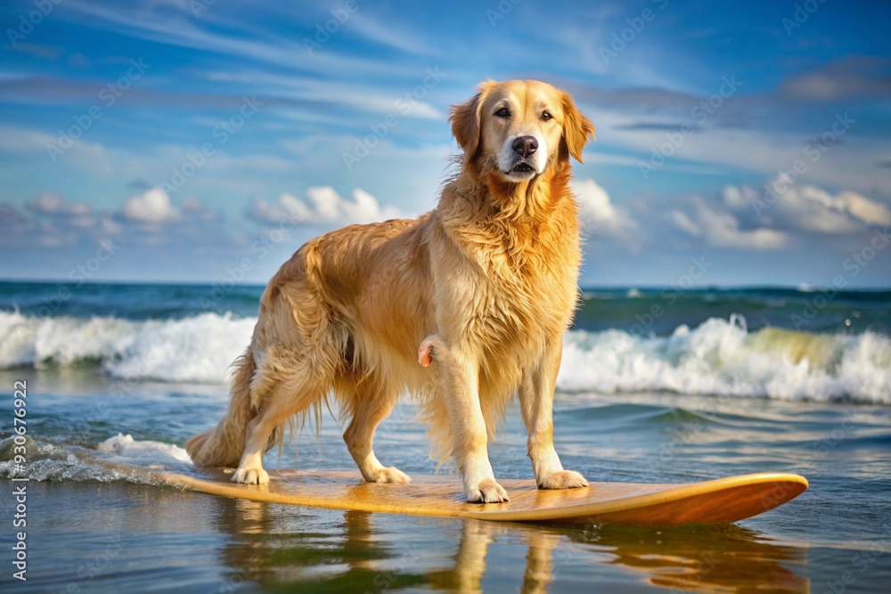 A golden retriever is standing on a surfboard in the ocean A golden retriever is standing on a surfboard in the ocean