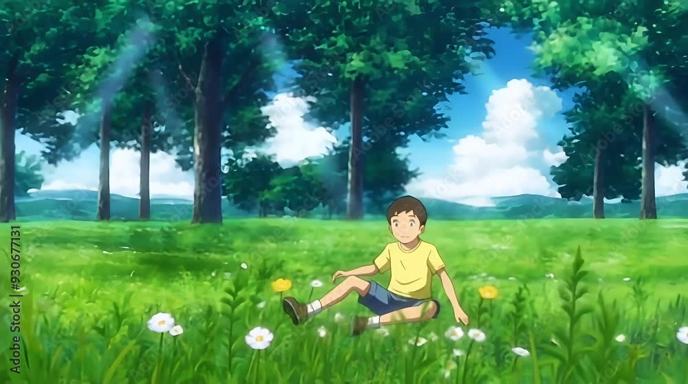 Boy sitting on a meadow on a sunny day surrounded by flowers and trees, anime style Boy sitting on a meadow on a sunny day surrounded by flowers and trees, anime style