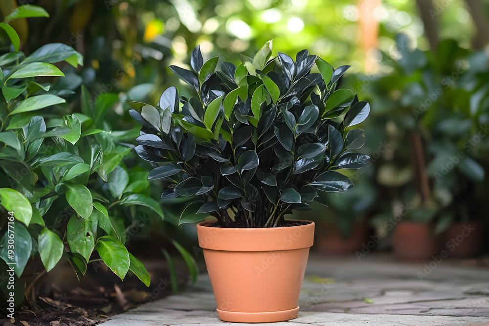 Zamioculcas zamiifolia 'Raven' in Terracotta Pot with Thick Black Leaves Zamioculcas zamiifolia 'Raven' in Terracotta Pot with Thick Black Leaves