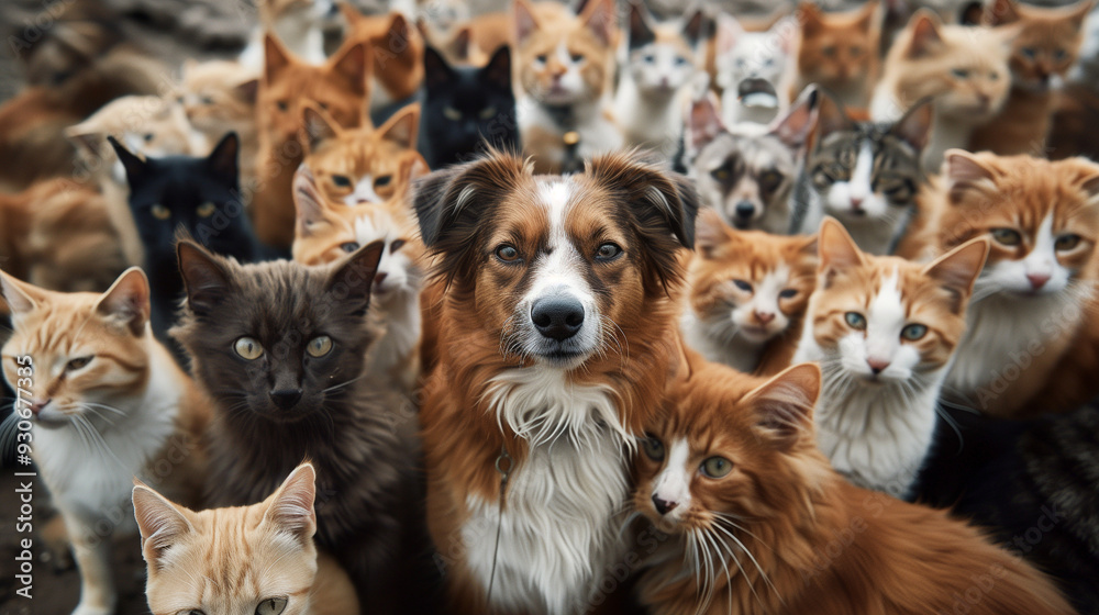 A photograph of a dog surrounded by a large number of cats. The dog stands in the center and looks directly at the camera, with cats of various colors in the background A photograph of a dog surrounded by a large number of cats. The dog stands in the center and looks directly at the camera, with cats of various colors in the background